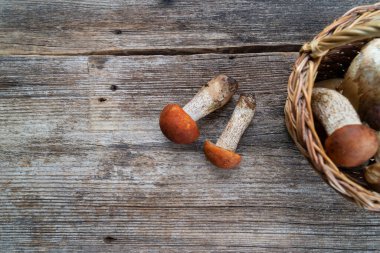 Ahşap masa arkasında bir sepet mantar, fotokopi alanı olan üst manzara.