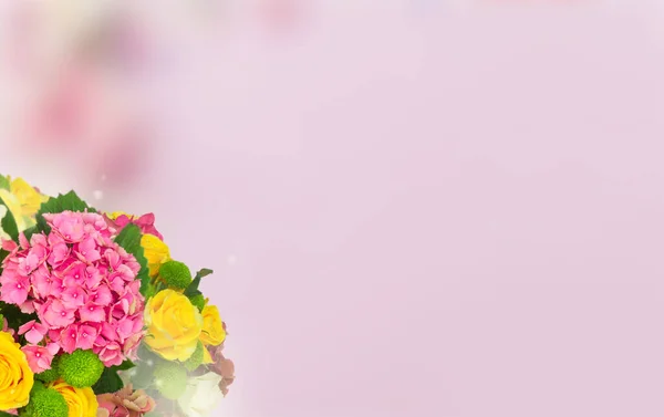 Bunch Pink Hortensia Flowers Roses Mums Pink Garden Background Web — Stock fotografie