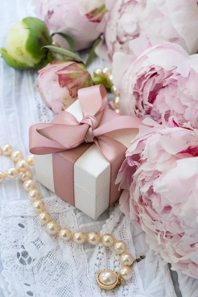 Fresh Peonies Flowers Lace Background Gift Box Close View Summer — Stockfoto
