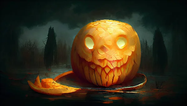 halloween scene with carved pumpkin jack o lantern on the table on dark background