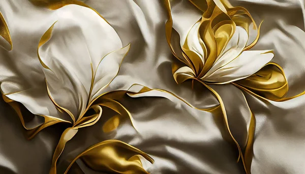 luxury cloth with artistic floral shapes, golden threads on white silk