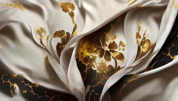 luxury cloth with floral shapes, golden threads on white silk
