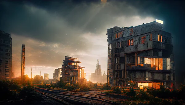 Destroyed in war post-apocalyptic city background