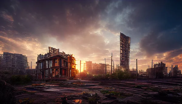 Destroyed in war post-apocalyptic city background with storm clouds and sunshine