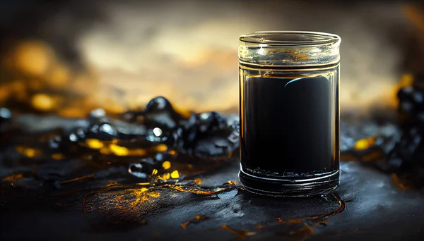 liquid black oil in glass canister close up background