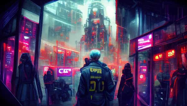 City in virtual reality, people walking cyberpunk city street in neon lights