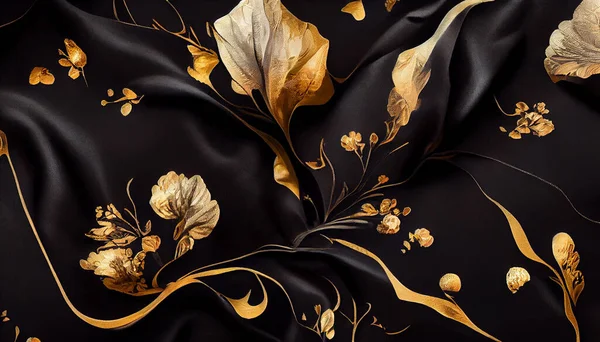 luxury cloth with floral and leaf shapes, golden threads on black silk