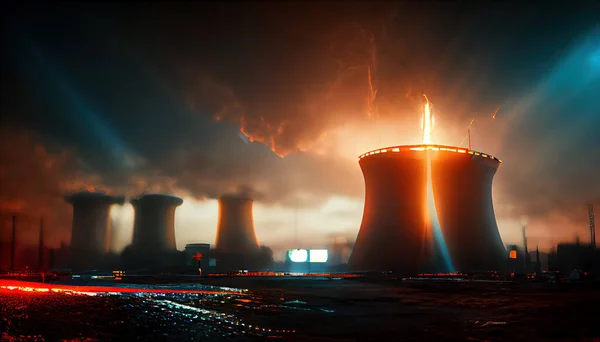 Nuclear plant illuminated in night illustration, nuclear energie industry concept