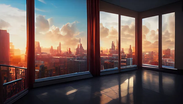 empty room with big city in windows background