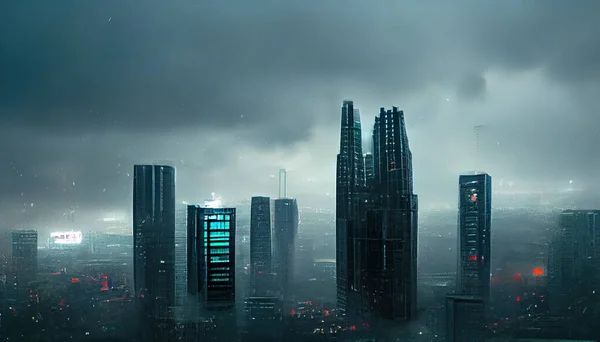 City in virtual reality, aerial view of cyberpunk city under storm clouds