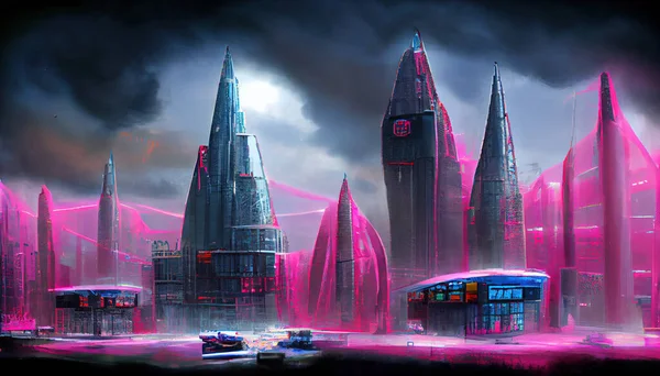 City in virtual reality, cyberpunk city street in neon lights