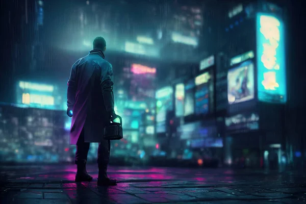 City in virtual reality, one man walking cyberpunk city street in neon lights