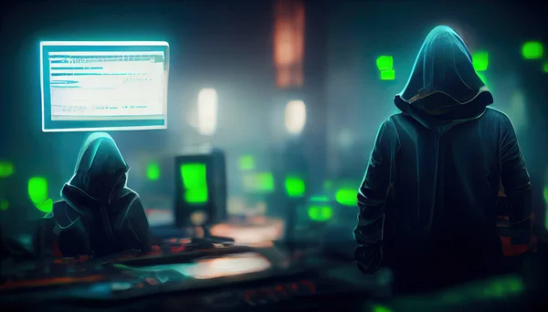 Hackers in hood with unvisible faces hacking information system, cyber security or darknet concept