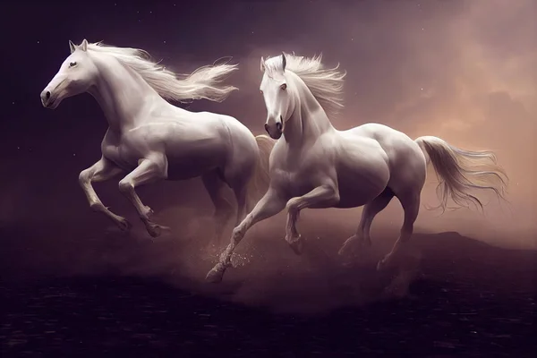 Two white horses galloping over dark background