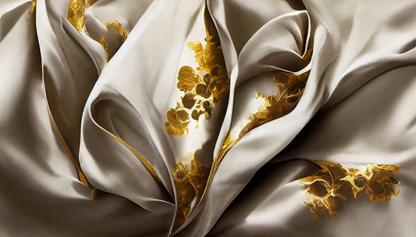 luxury cloth with floral shapes, golden threads on white silk, 3D illustration