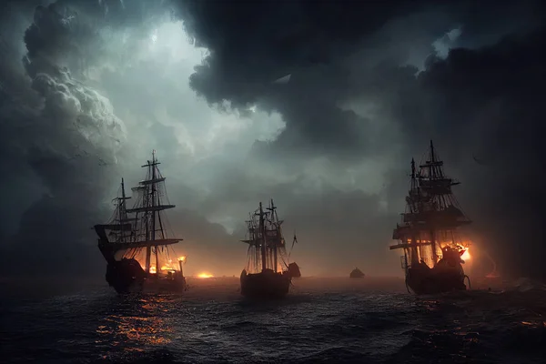 Fighting pirates ships in open sea, storm weather and clouds