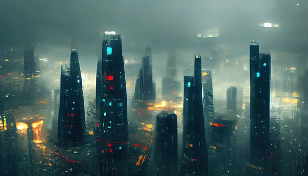 City in virtual reality, aerial view of cyberpunk city under gray storm clouds