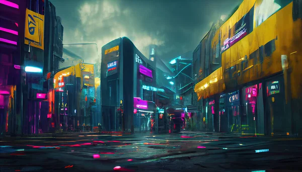 City in virtual reality, cyberpunk city street in neon lights, 3D illustration