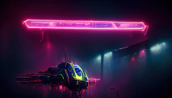 spacefe craft illustration, city in virtual reality, cyberpunk city street in neon lights