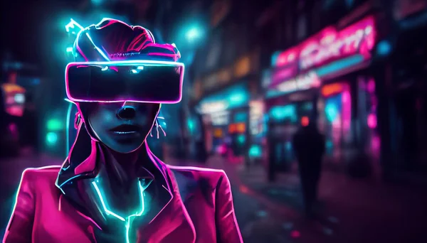 City in virtual reality, woman on cyberpunk city street in neon lights, illustration