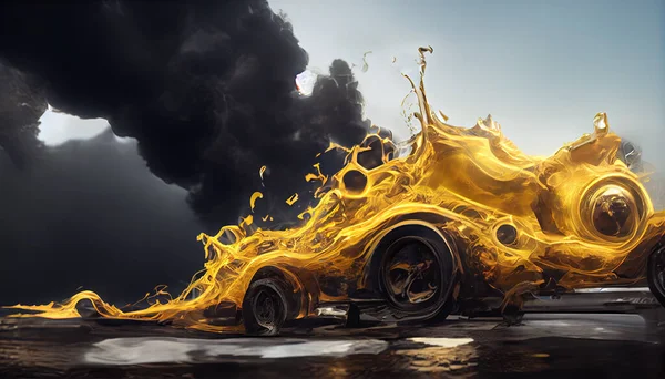 Car motor oil drop, pouring liquid fuel in golde color with car wheels, concept illustration