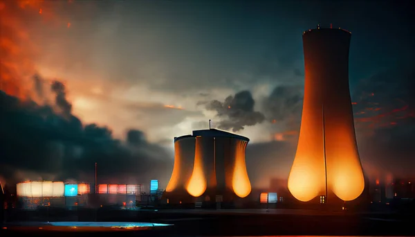 Nuclear plant chimney illuminated in night illustration, nuclear energie industry concept