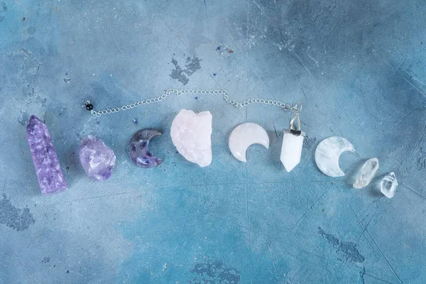 Gemstones Minerals Stones Moon Obelisks Witchcraft Herbal Medicine Healing Magic — Stock Photo, Image