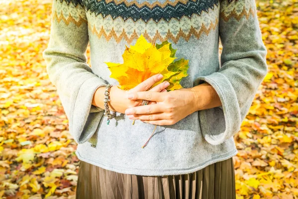 Autumn Lifestyle Sylish Woman Holding Fall Leaves — Stock Photo, Image