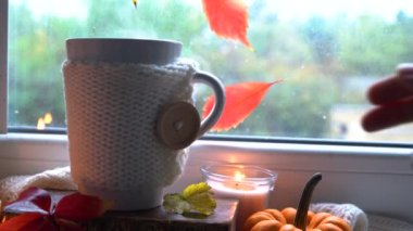 Sonbahar konsepti, penceresinde sıcak içki olan bardak.