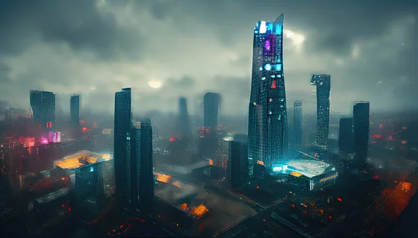 City in virtual reality, aerial view of cyberpunk city under storm clouds