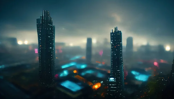 Cyberpunk streets illustration, futuristic city, dystoptic artwork at  night, 4k wallpaper. Rain foggy, moody empty future Stock Illustration