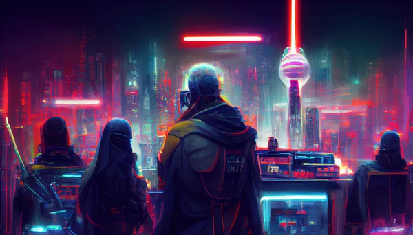 City in virtual reality, people walking cyberpunk city street in neon lights