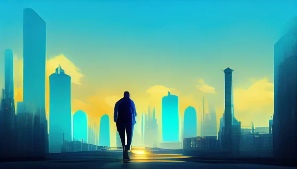 City in virtual reality, illustration of one man walking cyberpunk city street in neon lights