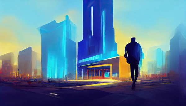 City in virtual reality, illustration of man walking cyberpunk city street in neon lights