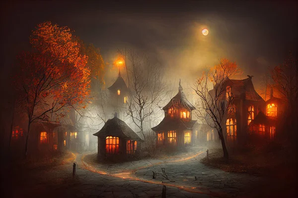 Mystical autumn village street, Spooky houses or witch huts, dark and scary village illuminated at night, halloween scene