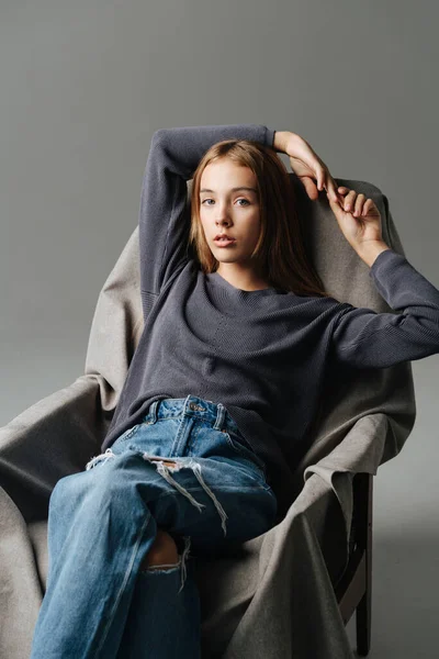 Sensual Teenage Girl Sitting Armchair Holding Hands Her Head Portrait — Stock Photo, Image