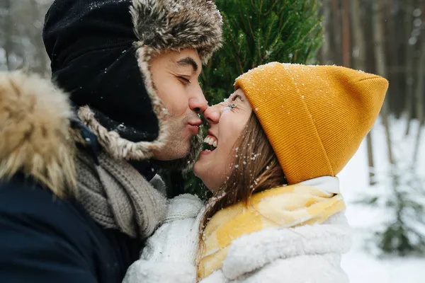 Зимове свято. Пара цілується в зимовому лісі, сніг падає на їх обличчя — стокове фото