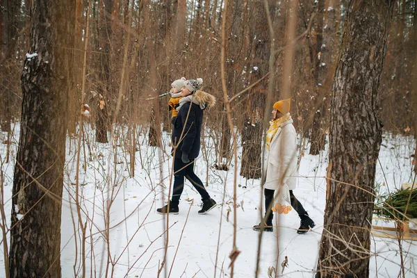 Семья на прогулке по зимнему лесу — стоковое фото