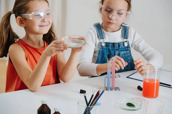 Chicas Felices Haciendo Proyecto Ciencia Una Sostiene Plato Vidrio Ambos — Foto de Stock