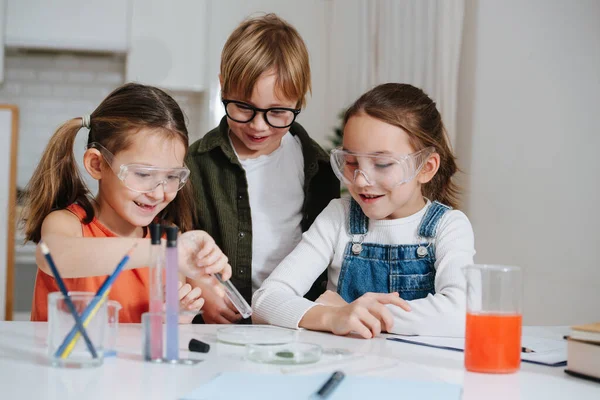 Захоплені Маленькі Діти Займаються Домашнім Науковим Проектом Розважаються Дівчинка Спорожнила — стокове фото