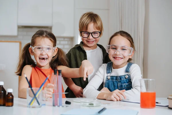 Соціальні Маленькі Діти Займаються Домашнім Науковим Проектом Діляться Своїм Веселим — стокове фото