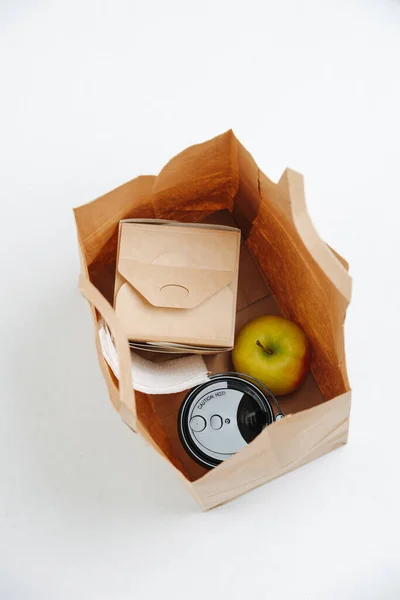 Overhead View Lunch Packed Single Use Paper Bag White Background — Fotografia de Stock
