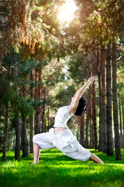 Yoga warrior pose in the park — Stock Photo, Image