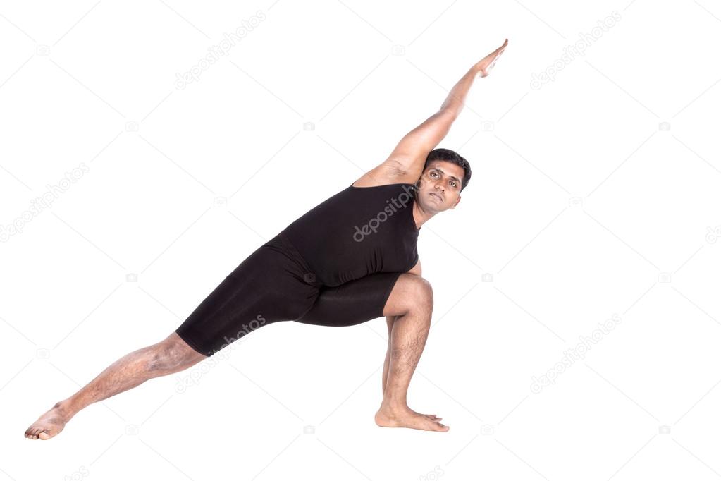 Yoga by Indian man on white
