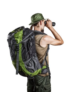 turist üzerinde beyaz izole dürbün ile