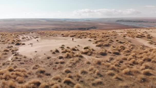 Повітряні постріли людей, що бігають у піщаних дюнах Казахстану. — стокове відео