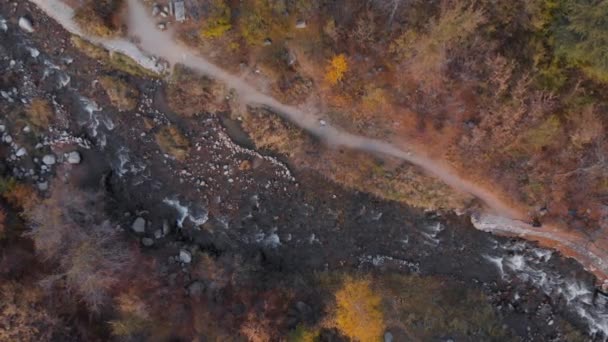 Αεροφωτογραφία του τοπίου του φθινοπωρινού δάσους στο βουνό ποδηλάτης — Αρχείο Βίντεο
