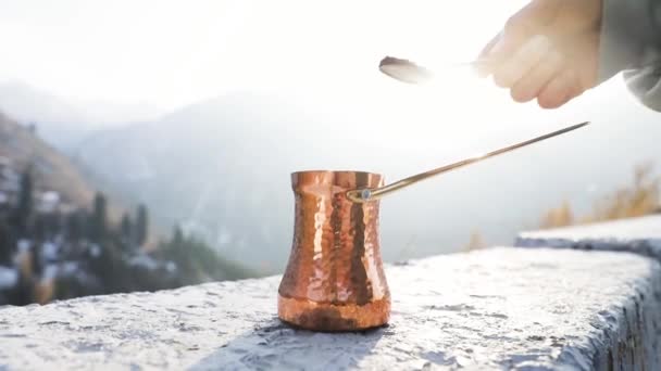 Copper Cezve for coffee in autumn mountains — Stock Video