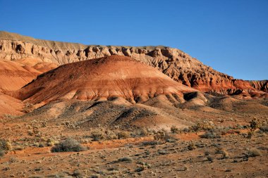 Çöldeki kızıl dağların manzarası Güney Kazakistan 'daki karlı dağlarla çevrilidir.