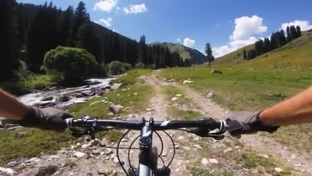 Ποδηλάτης βόλτα ποδήλατο στο ορεινό δρόμο — Αρχείο Βίντεο